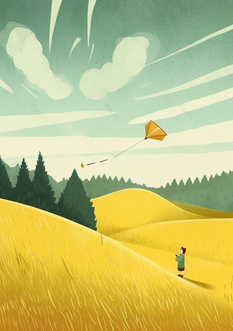 立秋风景田野里放风筝的男孩,插画/手绘图,插画/手绘图库,插画/手绘图下载,插画/手绘